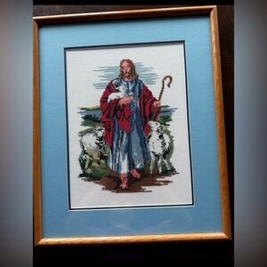 Vintage framed handmade  "Good Shepherd" Jesus Religious Counted Cross Stitch